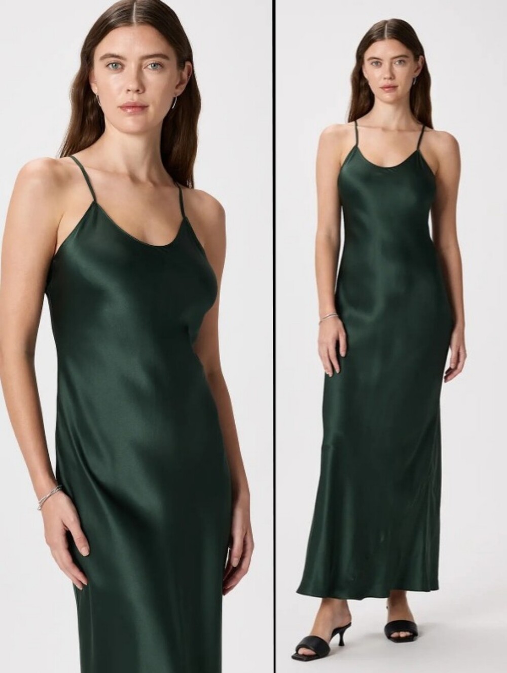 Quince 100% Washable Silk Slip Dress Midi Forest Green V-Neck Lightweight Size L